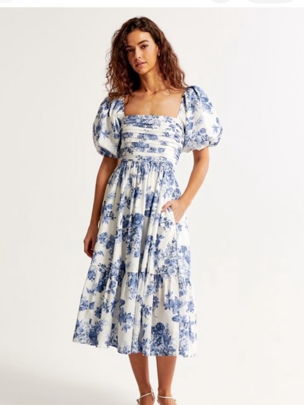 Abercrombie & Fitch White Midi Dress with Blue Floral Print
